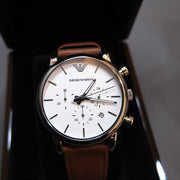 Emporio Armani Luigi Chronograph Silver Dial Brown Leather Strap Watch for Men - AR1846