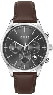 Hugo Boss Avery Chronograph Grey Dial Brown Leather Strap Watch for Men - 1514155