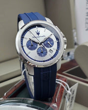 Maserati Successo Chronograph Silver Dial Blue Silicone Strap Watch for Men - R8871621042