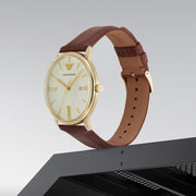 Emporio Armani Minimalist Quartz Gold Dial Brown Leather Strap Watch for Men - AR11610