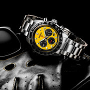 Seiko Prospex Speedtimer Solar Chronograph Yellow Dial Silver Steel Strap Watch for Men - SSC929