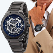 Maserati Stile Skeleton Chronograph Blue Dial Grey Steel Strap Watch for Men - R8873642012
