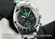 Seiko Prospex Speedtimer Solar Chronograph Green Dial Silver Steel Strap Watch for Men - SSC933