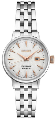 Seiko Presage Cocktail Time Skydiving Automatic Diamonds Mother of Pearl Dial Silver Steel Strap Watch for Women - SRE009J1