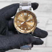 Citizen Mechanical Automatic Salmon Brown Dial Silver Steel Strap Watch for Men - NJ0191-83X
