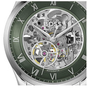 Hugo Boss Principle Skeleton Green Dial Silver Steel Strap Watch for Men - 1514236