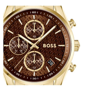 Hugo Boss Grand Tour Chronograph Brown Dial Gold Steel Strap Watch for Women - 1502770