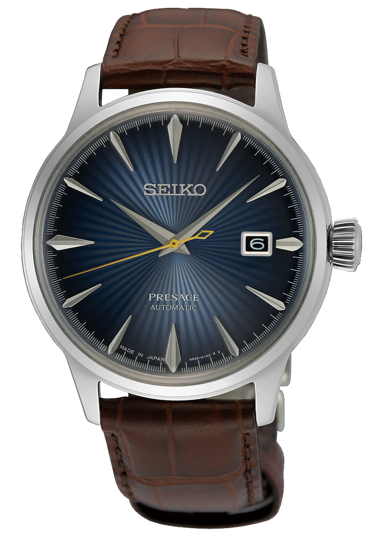 Seiko Presage Cocktail Time Automatic Blue Dial Brown Leather Strap Watch for Men - SRPK15K1