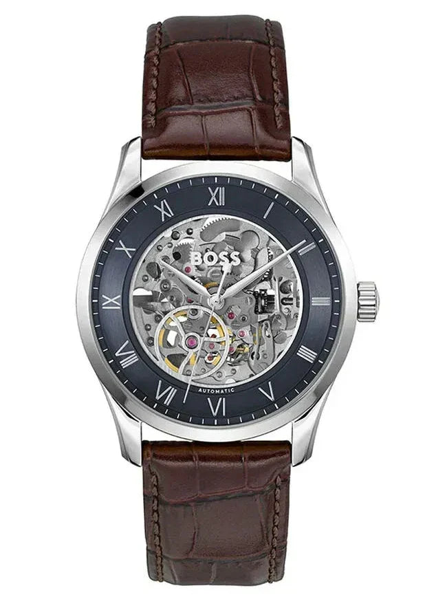 Hugo Boss Principle Skeleton Blue Dial Brown Leather Strap Watch for Men - 1514305