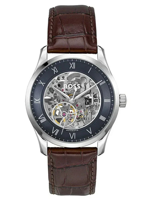 Hugo Boss Principle Skeleton Blue Dial Brown Leather Strap Watch for Men - 1514305