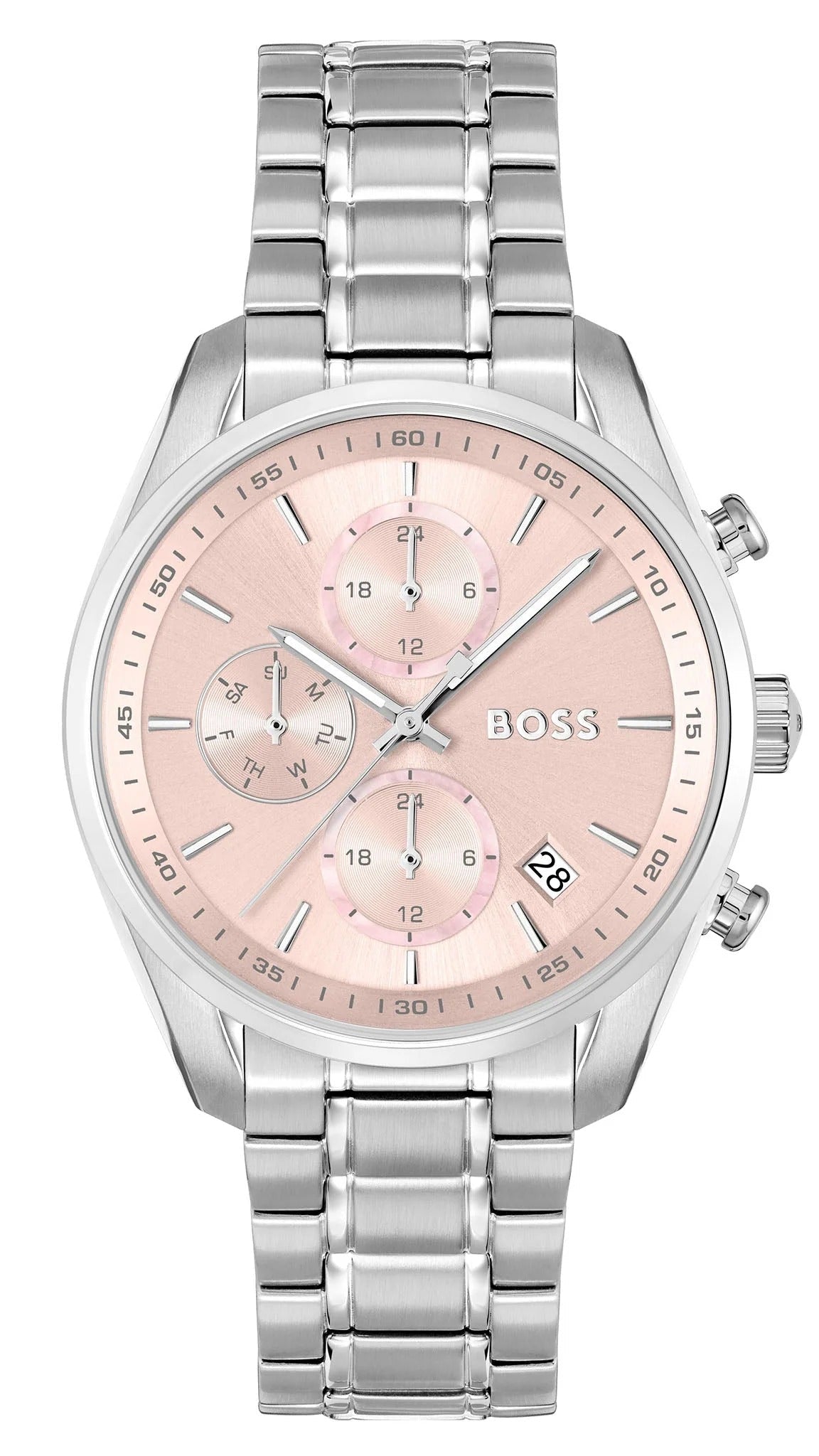 Hugo Boss Grand Tour Chronograph Pink Mother of Pearl Dial Silver Steel Strap Watch for Women - 1502765