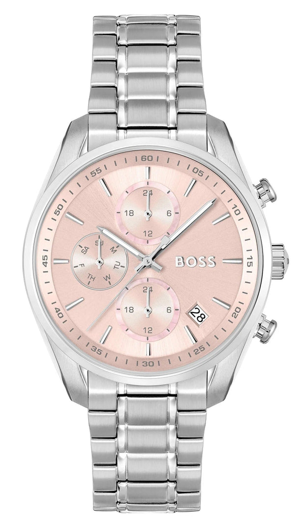 Hugo Boss Grand Tour Chronograph Pink Mother of Pearl Dial Silver Steel Strap Watch for Women - 1502765