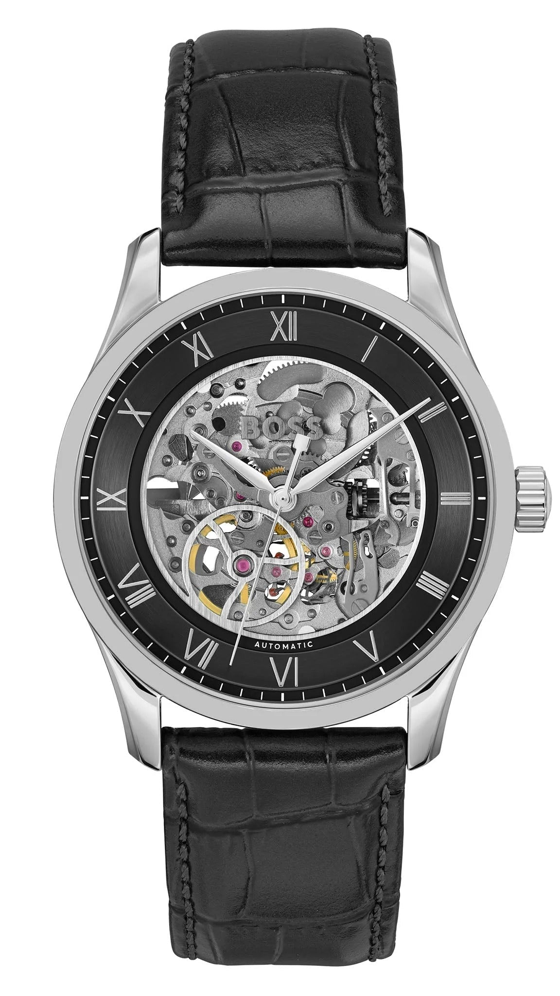 Hugo Boss Principle Skeleton Black Dial Black Leather Strap Watch for Men - 1514234