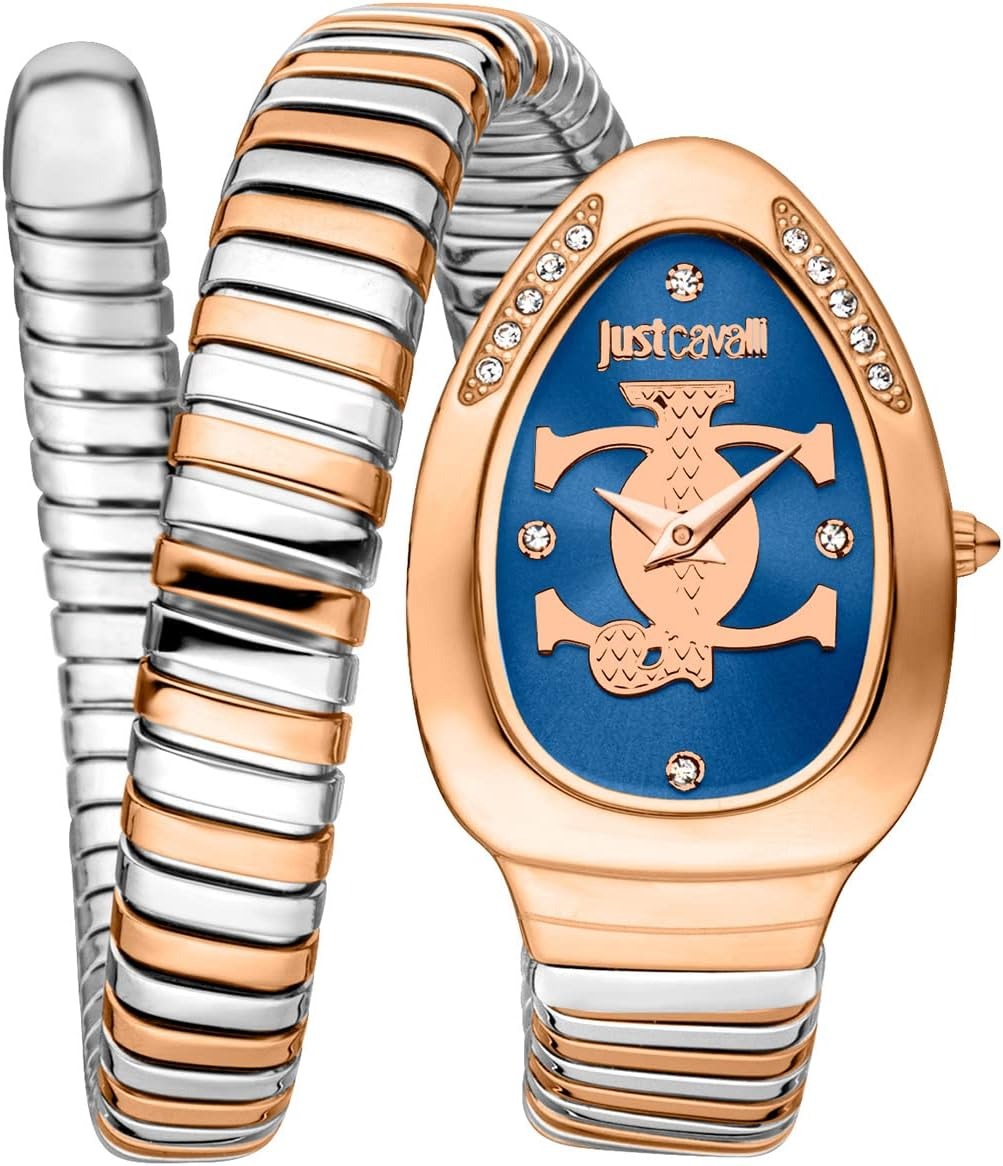 Just Cavalli Glam Evo 5 Serpente Blue Dial Two Tone Steel Strap Watch for Women - JC1L227M0085