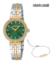 Just Cavalli Chiarezza Snake Core Green Dial Two Tone Steel Strap Watch for Women - RC5L078M0065