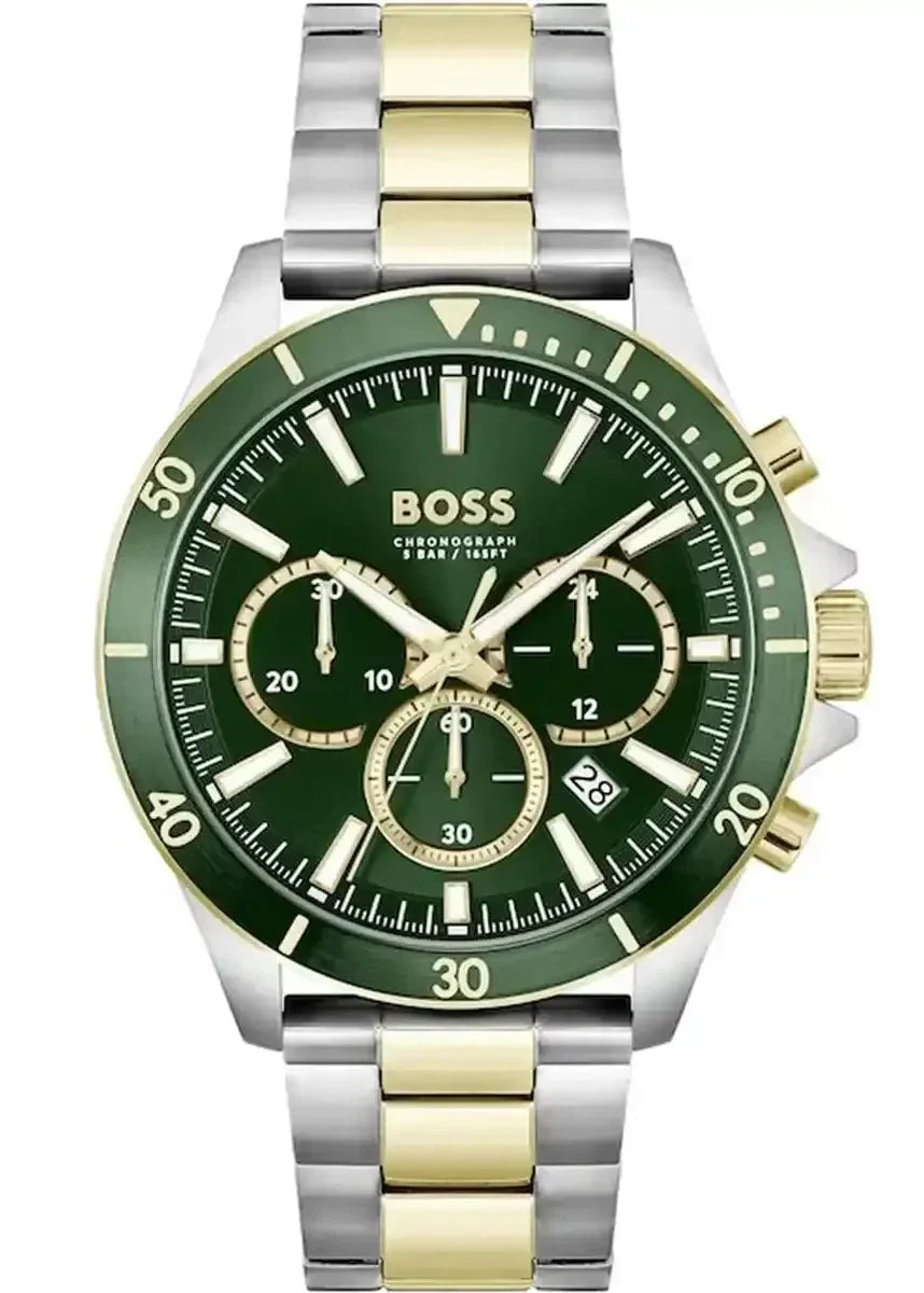 Hugo Boss Troper Chronograph Green Dial Two Tone Steel Strap Watch for Men - 1514154