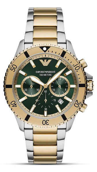 Emporio Armani Sea Explorer Chronograph Green Dial Two Tone Steel