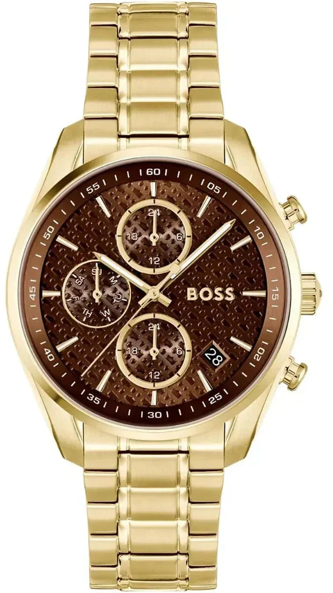 Hugo Boss Grand Tour Chronograph Brown Dial Gold Steel Strap Watch for Women - 1502770