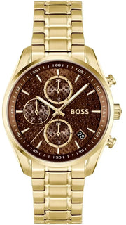 Hugo Boss Grand Tour Chronograph Brown Dial Gold Steel Strap Watch for Women - 1502770