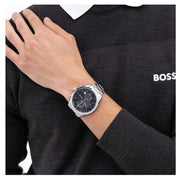 Hugo Boss Grand Prix Chronograph Black Dial Silver Steel Strap Watch for Men - 1514251