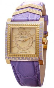 Versace Day Glam Chronograph Gold Dial Purple Leather Strap Watch for Women - VQF040015