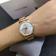 Calvin Klein Stately White Dial Rose Gold Steel Strap Watch for Women - K3G23626
