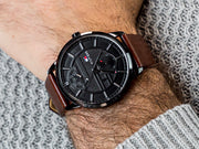 Tommy Hilfiger Hunter Black Dial Brown Leather Strap Watch for Men - 1791604