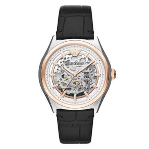 Emporio Armani Zeta Automatic Skeleton Silver Dial Black Leather Strap Watch For Men - AR60018
