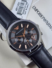 Emporio Armani Giovanni Chronograph Black Dial Black Leather Strap Watch For Men - AR11431