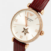 Emporio Armani Meccanico Automatic Silver Dial Red Leather Strap Watch For Women - AR60044