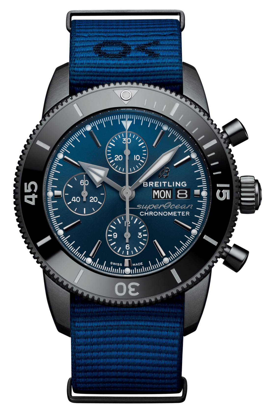 Breitling Superocean Heritage Chronograph 44 Outerknown Blue Dial Blue NATO Strap Watch for Men - M133132A1C1W1