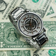 Emporio Armani Meccanico Skeleton Silver Dial Silver Steel Strap Watch For Men - AR1980
