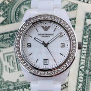 Emporio Armani Ceramica White Mother of Pearl Dial Stainless Steel Strap Watch For Women - AR1426