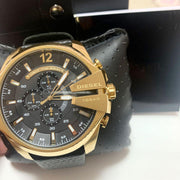 Diesel Mega Chief Chronograph Black Dial Black Leather Strap Watch For Men - DZ4344