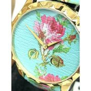 Gucci G Timeless Floral Turquoise Dial Turquoise Leather Strap Watch For Women - YA1264085
