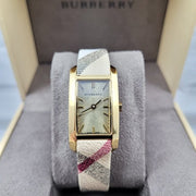 Burberry Pioneer Gold Dial Haymarket Beige Leather Strap Watch for Women - BU9509