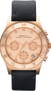 Marc Jacobs Blade Chronograph Rose Gold Dial Black Leather Strap Watch for Women - MBM1188