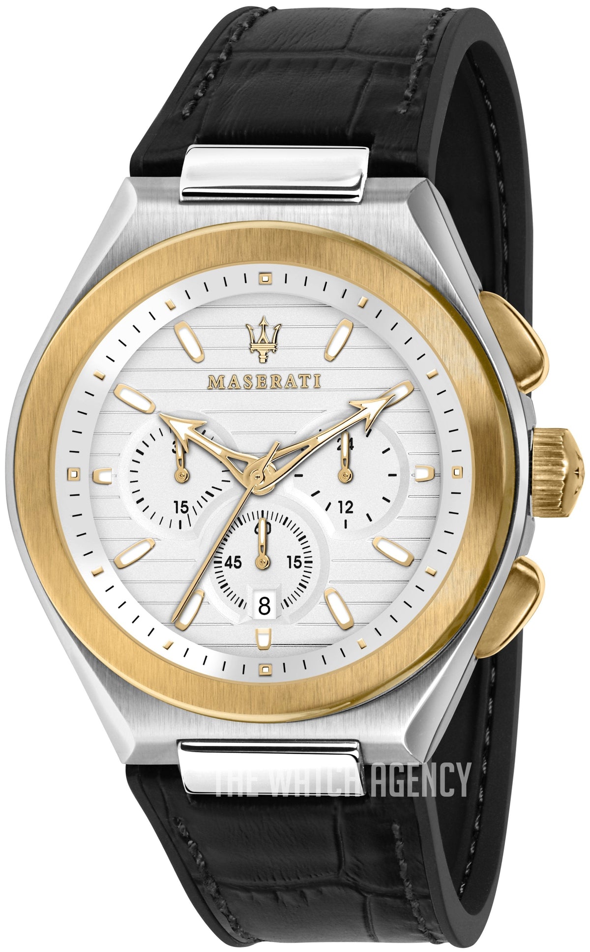 Maserati Triconic Chronograph White Dial Black Leather Strap Watch For Men - R8871639004