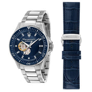 Maserati SFIDA Automatic Skeleton Blue Dial Silver Steel Strap Watch For Men - R8823140007