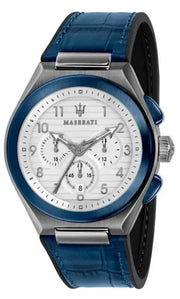 Maserati Triconic Chronograph White Dial Blue Leather Strap Watch For Men - R8871639001