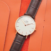 Daniel Wellington Classic York White Dial Brown Leather Strap Watch For Women - DW00100038