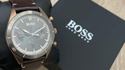 Hugo Boss Grand Prix Chronograph Grey Dial Brown Leather Strap Watch for Men -  1513476