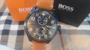 Hugo Boss Aeroliner Maxx Chronograph Black Dial Brown Leather Strap Watch For Men - 1513082