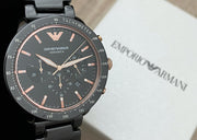 Emporio Armani Mario Ceramic Chronograph Black Dial Black Steel Strap Watch For Men - AR70002