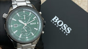 Hugo Boss Globetrotter Chronograph Green Dial Silver Steel Strap Watch for Men - 1513930