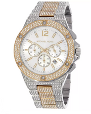 Michael Kors Lennox Pave Crystals Chronograph White Dial Two Tone Steel Strap Watch for Men - MK9150