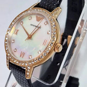 Emporio Armani Cleo Three-Hand Mother of Pearl Dial Black Leather Strap Watch For Women - AR11485