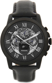 Fossil Grant Automatic Chronograph Black Dial Black Leather Strap Watch for Men - ME3028