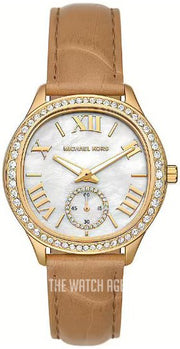 Michael Kors Sage Three-Hand Mother of Pearl White Dial Brown Leather Strap Watch for Women - MK4819