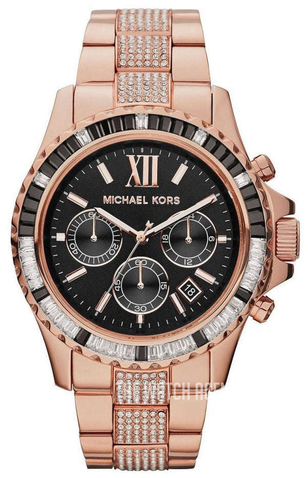 Michael Kors Everest Chronograph Black Dial Rose Gold Steel Strap Watch For Women - MK5875